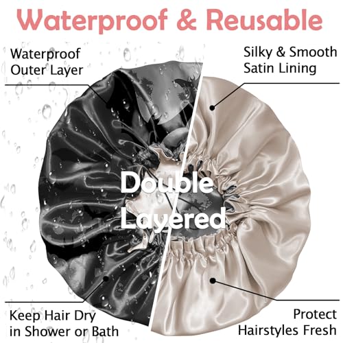 Luxury Shower Cap Satin Silk Lined Adjustable Elastic Reusable Waterproof Shower Bath Cap Cute for Women Girls-Black Bat - color: AK5-Black Bat