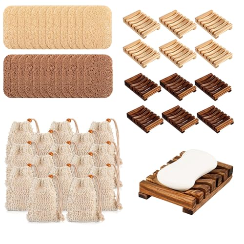 Soap Saver Set 72Pcs Including Wooden Dish Exfoliating Bag Saver Pads Bulk with Self-Drain for Shower Bath Home Toilet Kitchen Hotel Restaurant (72)