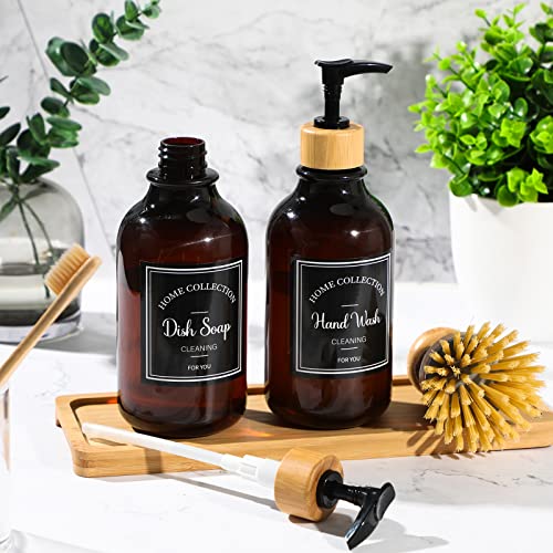 Zopeal 4 Pcs Kitchen Soap Dispenser Set with Bamboo Tray and Dish Brush Plastic Soap Dispenser Set with Waterproof Labels for Hand Dish Lotion(Brown) - color: Brown