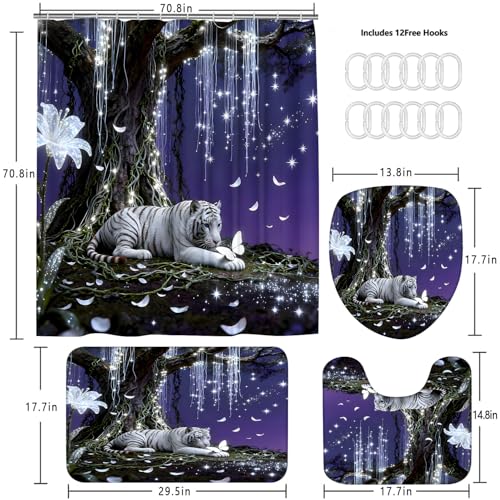 4 Piece Purple and White Shower Curtain Set with Rugs, Dreamy White Tiger & Butterfly Under Glowing Tree, Fantasy Aesthetic Waterproof Fabric Bathroom Decor, Non-Slip Mats & Toilet Lid Cover - color: Purple