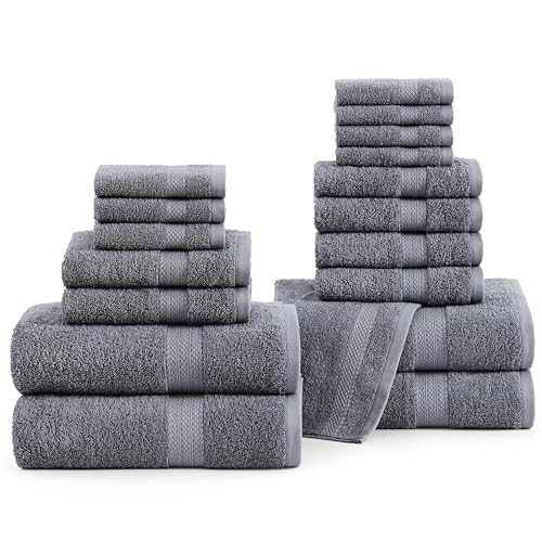 LANE LINEN 100% Cotton Towels for Bathroom - 18 Piece Family Pack - Super Soft & Quick Dry - 4 Bath, 8 Washcloth, 6 Hand Towels - Oeko TEX Certified, Machine Washable & Durable - Cool Grey - color: 01: Cool Grey, size: 18 Piece Towel Set