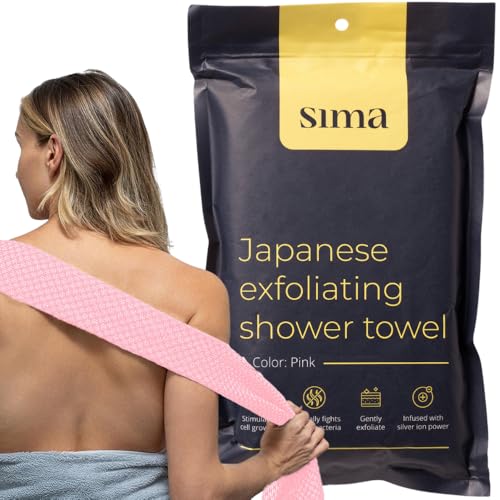 Sima Brand Exfoliating Washcloth Face & Body Scrub Towel - Japanese Exfoliating Towel with Hexagon Fibers, Body Scrubber with 2 Sides for Scrubbing & Washing, Extra Long Body Towels (Pink) - color: Pink