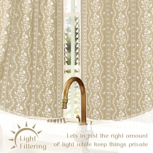 Yinhua Boho Kitchen Curtains 36 Inch Length Vintage Linen Cafe Curtains Light Filtering Bohemian Floral Tier Rod Pocket Farmhouse Rustic Tassel Small Drapes with Tiebacks, 2 Panels, Natural - color: Natural, size: 26"W x 36"L (Pack of 2)