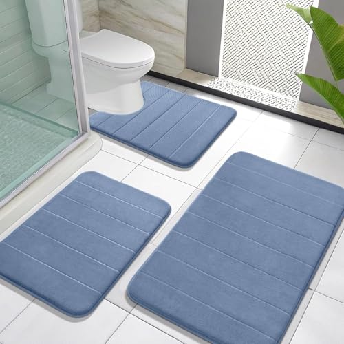 Yimobra Memory Foam Bath Mat Set 3 Pieces- Super Soft Absorbent Quick Dry Bathroom Rug Sets, Machine Washable Non Slip Floor Carpet for Tub Shower, Vanity & Toilet Base, Denim Blue - color: Denim Blue, size: 31.5''x20'' +17''x24'' + 24''x20''