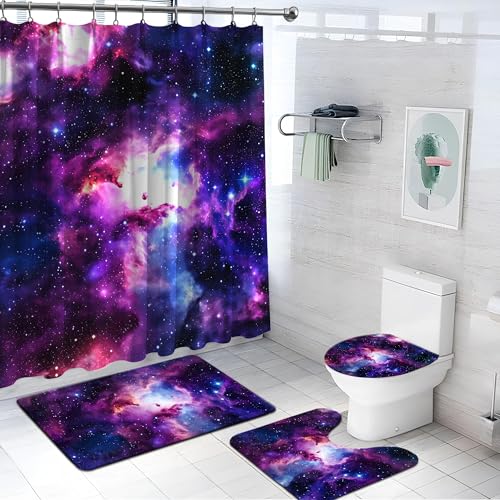 Space Galaxy Shower Curtain Bathroom Sets 4 Piece, Outer Star Themed Starry Shower Curtain Purple Trippy Universe Nebula Bath Mat with Non-Slip Rugs, Toilet Lid Cover Restroom Bathtub Home Decorations - color: Galaxy