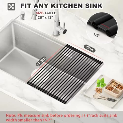 MERRYBOX Roll Up Dish Drying Rack Silicone Wrapped Over The Sink Dish Drying Rack Multipurpose Foldable Sink Drying Mat Anti-Slip & Anti-Rust Dish Rack for Kitchen, 17.5" x 13", Black - color: Rectangle-black, size: Rectangle: 17.5" x 13"