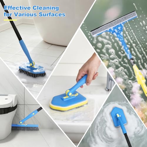 Tile Tub Scrubber Brush with 5 Different Function Cleaning Heads and 51" Extendable Long Handle Non Scratch Shower Scrubber for Cleaning Bathroom Kitchen Toilet Wall Bathtub