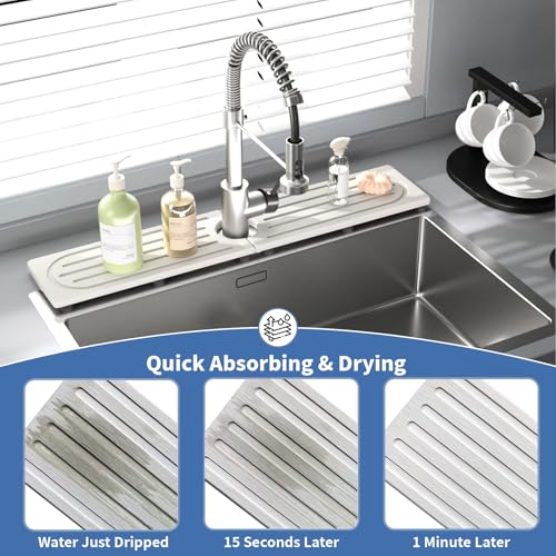 Kitchen Faucet Mat, Diatomite Sink Faucet Mat Splash Guard for Kitchen, Water Absorbing Stone Tray for Sink, Quick Drying Faucet Mat for Kitchen Sink, Absorbent Stone Drying Tray for Bathroom Counter - color: White Gray Style 2, size: 23.7" x 4"