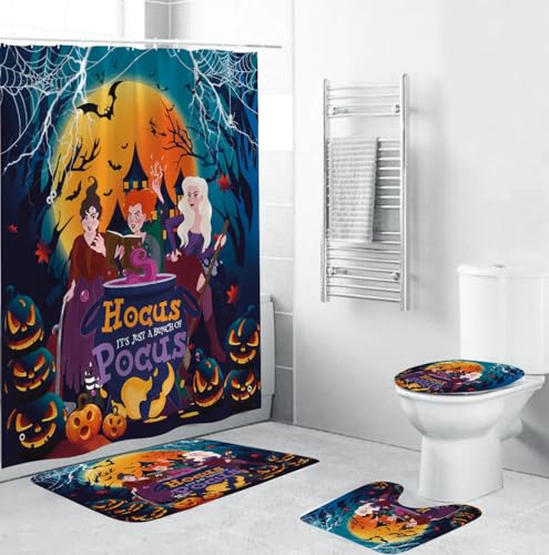4Pcs Halloween Shower Curtain Set Hocus Pocus Witch Shower Curtain for Halloween Bathroom Decor with Anti-Slip Waterproof Bathtub Bathroom Rugs Toilet Lid Cover, 12 Hooks (Witch)