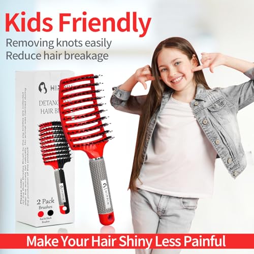 Boar Bristle Hair Brush Set of 2, HIPPIH Wet & Dry Hair Brushes Made by Fine Natural Boar Hair Can Adds Shine and Smoothing, Detangling Hairbrush for Women, Men & Kids' Long Curly Thick Hair - color: Black & Red