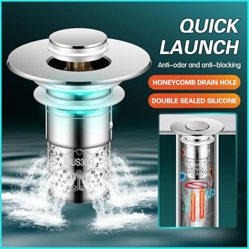 2Pcs Bathroom Sink Stopper with Hair Catcher, Pop Up Sink Drain Filter with Removable Stainless Steel Filter Basket Hair Catcher, for US 1.1''-1.417'' Drain, for Bathroom Sink Stopper Replacement