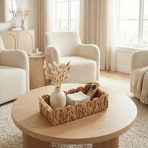Scalloped Edge Toilet Paper Basket, Water Hyacinth Wicker Basket for Back of Toilet Tank, Long Narrow Bathroom Counter Organizer with Wooden Handles for Vanity, Shelf, Storage