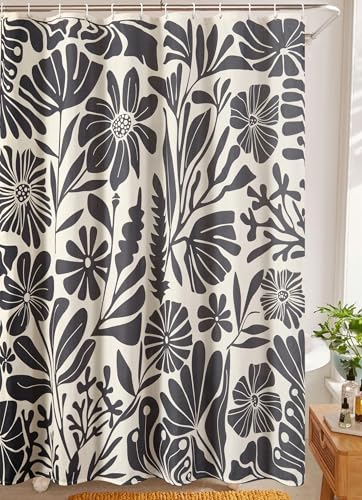 RoomTalks Black Vintage Floral Faux Linen Shower Curtain Extra Long 84 Inch - 210GSM Heavy Duty Modern Farmhouse Country Rustic Matisse Plants Botanical Shower Curtain Set - color: Black and Beige, size: 72"W x 84"L (Pack of 1)