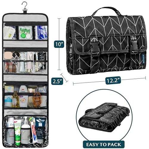 PAVILIA Travel Hanging Toiletry Bag for Women Men, Large Capacity Makeup Bag Kit, Waterproof Cosmetic Storage Organizer Case for Bathroom Shower - color: Black Chevron, size: Large