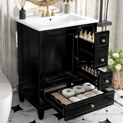 Linique 24" Bathroom Vanity with Sink Combo Set, Solid Wood Frame Bathroom Storage Cabinet with 3 Drawers, Soft Closing Door with Organizer, Black - color: Black, size: 24"/ Door with Organizer