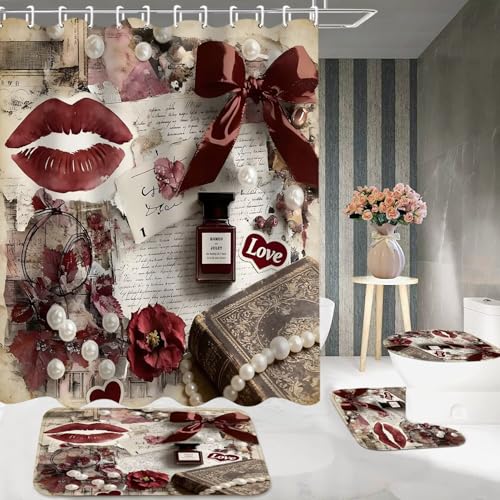 DDQQ 4Pcs Sexy Lip Shower Curtain Set Women Pearl Bow Bathroom Decor Set, Fashion Red Flower Perfume Bathroom Curtains Shower Set with Rugs, Girly Shower Curtain with 12 Hooks - color: Burgundy