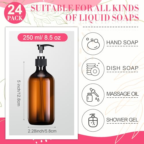 Tessco for you 24 Pcs Amber Soap Dispenser 8.5 oz Empty Plastic Pump Bottles Refillable Shampoo Container for Hand Sanitizer Soap Lotion Body Wash Conditioner Bathroom Kitchen Travel - color: Amber, size: 8.5oz