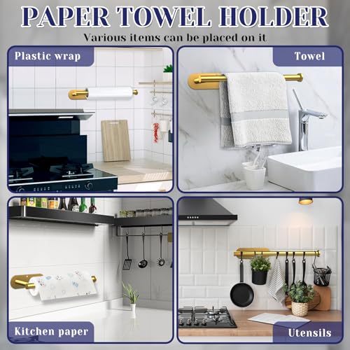 Paper Towel Holder, Self Adhesive or Drilling Paper Towel Holder Under Cabinet, Stainless Steel Paper Towel Holders Wall Mount for Kitchen, Bathroom, Sink, Pantry, Fridge (Gold) - color: Gold