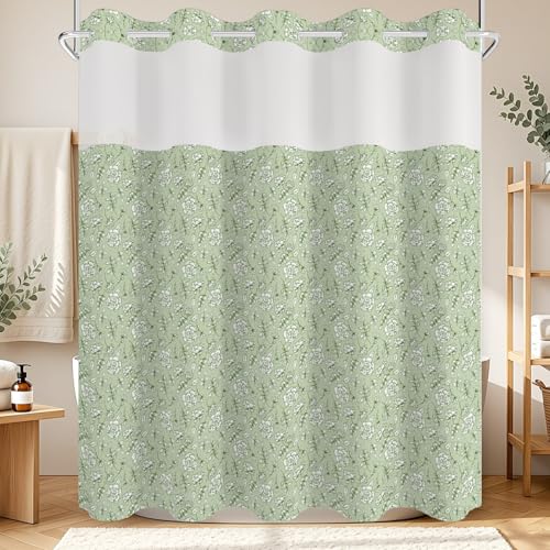 Boho Floral No Hook Shower Curtain with Snap in Liner Set 71x74 in | Sage Green Rose Girly Coquette Decorative Waterproof Fabric Shower Curtain for College Dorm Hotel Apartment Bathroom Bathtub - color: Mint Floral Vine