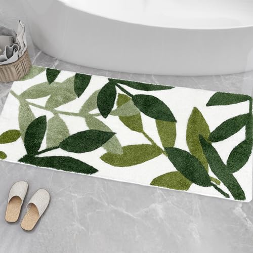 Bathroom Runner Rugs - Extra Large Green Bathroom Rug for Bathtub, Shower Room, Wash Basin, Bedroom, Strong Water Absorbent Non Slip Microfiber Long Bath Mats Washable 24 x 60 inch - color: Leaves C, size: 1'11" x 4'11" (Rectangular)