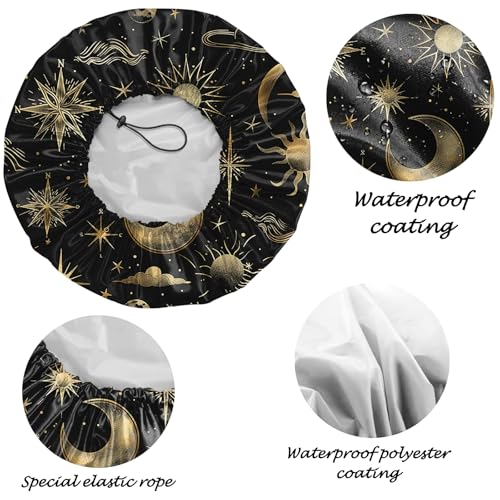 2 PCS Shower Cap Reusable Waterproof Adjustable Double Layer Elastic Dry Hair Bathing Caps Aesthetic Cute for Women Girls-Sun Moon Leaf - color: H-7-Sun Moon Leaf