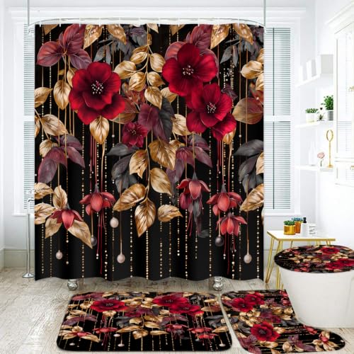 LQCOOL 4Pcs Red Flower Shower Curtain Set, Waterproof Bathroom Sets, Abstract Botanical Bathroom Sets with Shower Curtain and Rugs, Shower Curtain with 12 Hooks - color: Red Black