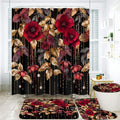 LQCOOL 4Pcs Red Flower Shower Curtain Set, Waterproof Bathroom Sets, Abstract Botanical Bathroom Sets with Shower Curtain and Rugs, Shower Curtain with 12 Hooks - color: Red Black