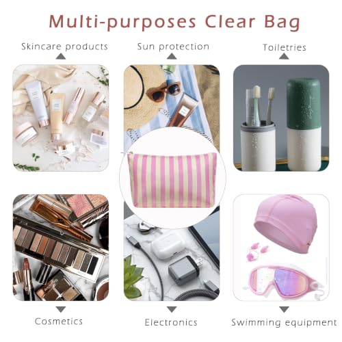 RSRSLEII Large Waterproof Travel Striped Makeup Bag, Aesthetic PVC Toiletry Bag, Coquette Cosmetic Bag, Sunscreen Accessories Storage Organization，Beach Travel Purse(11Pink&Beige) - color: 11Pink&Beige