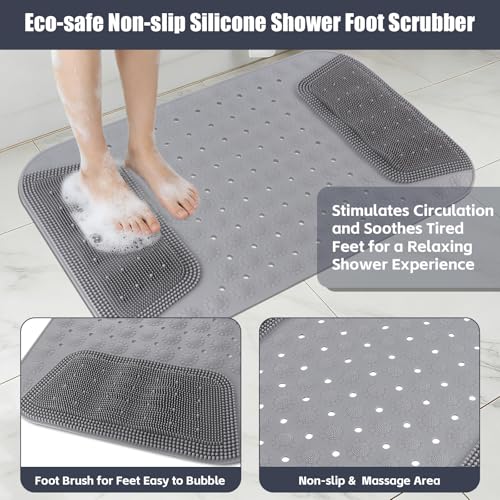 Bathtub Shower Mat Non Slip, 28.7x18.9 inch Silicone Bathroom Mat with Foot Scrubber on Both Sides, Drain Hole and Suction Cups, Machine Washable Bath Mats for Elderly, Pet (Gray) - size: 28.7"x18.9"