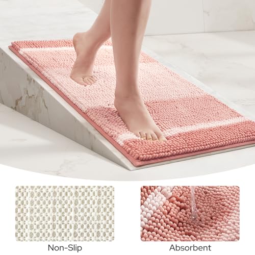 HOMEIDEAS Pink Bathroom Rugs Set of 2, Thick Absorbent Chenille Bath Mats, Non-Slip Soft Shaggy Rugs for Bathroom Floor, 20" x 32" & 17" x 24" - color: Pink