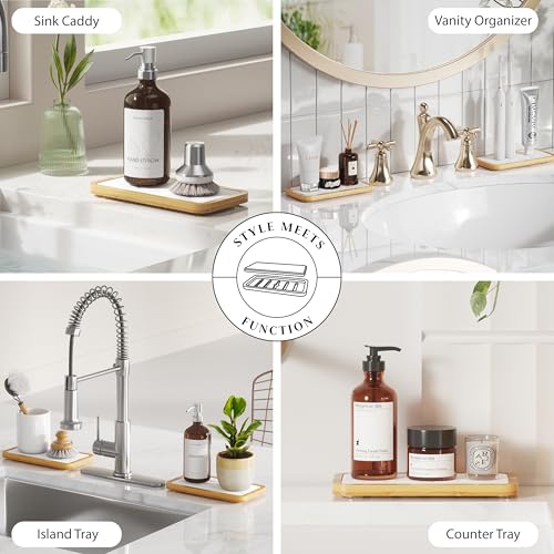 Water Absorbing Stone Tray for Sink, Kitchen Sink Caddy Organizer, Diatomite Bathroom Vanity Counter Tray, Soap Dispenser Sponge Holder, Fast Drying Stone Faucet Mat with Bamboo Tray - color: White