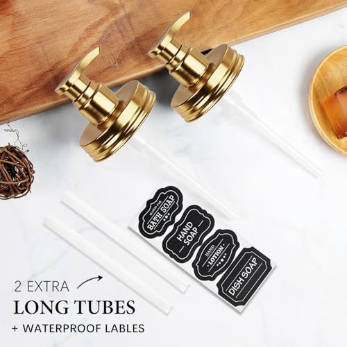 Amolliar Plastic Mason Jar Soap Dispenser Lids(2) - Universal Pump Replacement for Regular Mouth Jar - Long Tubes & Cute Lables - for Kitchen, Bathroom, Dish Soap, Lotions, Hand Soap, Gold - color: Gold