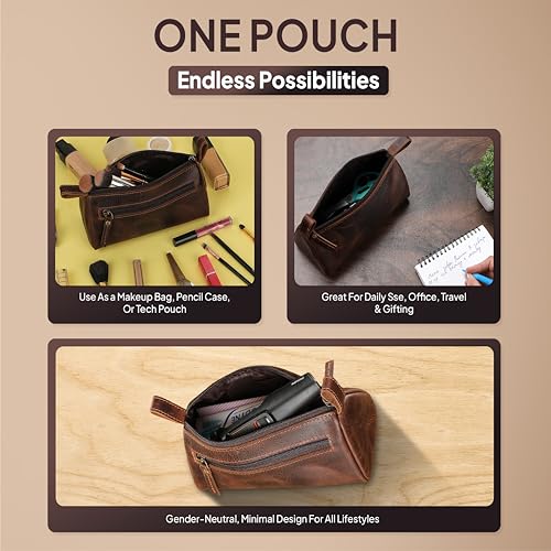 Leather Makeup Bag for Women – Genuine Leather Cosmetic Bag Travel, Handmade Zippered Makeup Pouch, Small Toiletry Bag, Shaving Kit & Stationery Organizer- Brown - color: Brown Cosmetic Pouch