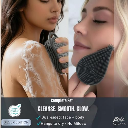 Avilana Silicone Body Scrubber for Shower – SGS Certified Food Grade Dual Sided Bath Brush, Gentle Exfoliating Silicone Loofah Alternative, Sensitive Skin Body Brush (Dark Gray-Silver, Body & Face) - color: Dark Gray-silver, size: Body & Face