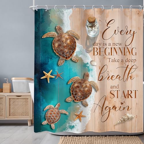 Newsely Ocean Beach Turtle Shower Curtain 60Wx72L Inch Blue and Brown Sand Beachy Sea Wave Seaside Wooden Inspirational Quotes Bathroom Set Hawaiian Waterproof Bath Decoration Accessories Home Decor - color: D-01turtle, size: 60"W x 72"L (Pack of 1)