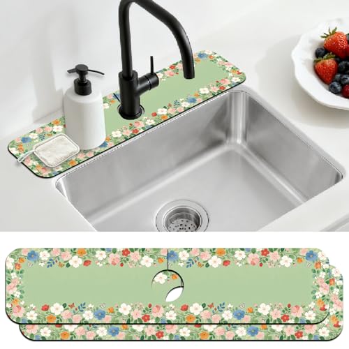 2 Pcs Kitchen Sink Splash Guard Faucet Mat Green Wreath Faucet Mat for Sinks Wreath Border Absorbing Drying Mats for Kitchen Bathroom, 23.6x5.5inch - color: Green Wreath