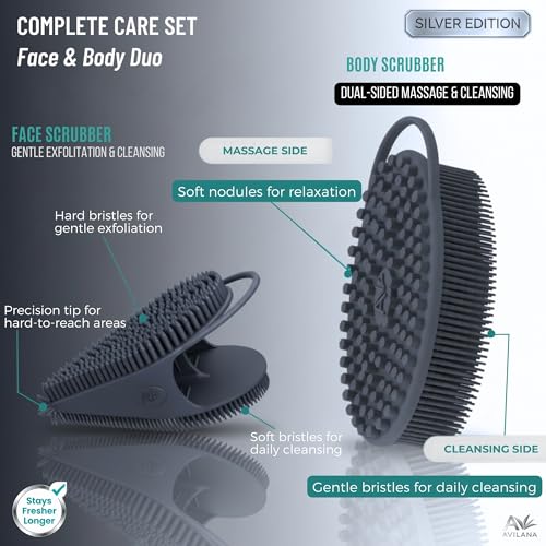 Avilana Silicone Body Scrubber for Shower – SGS Certified Food Grade Dual Sided Bath Brush, Gentle Exfoliating Silicone Loofah Alternative, Sensitive Skin Body Brush (Dark Gray-Silver, Body & Face) - color: Dark Gray-silver, size: Body & Face