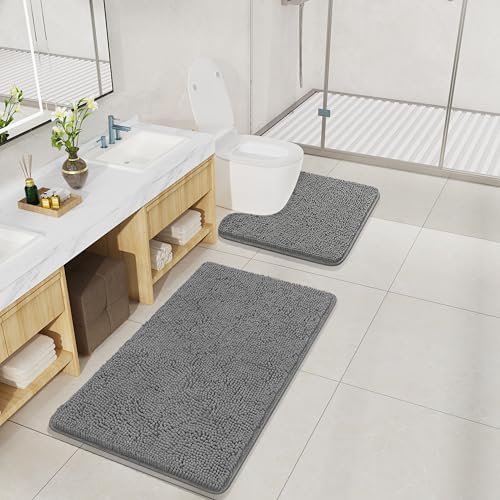 LOCHAS Bathroom Rugs Sets 2 Piece, Soft Non Slip Bath Mat Set, 20''x20'' U-Shaped Toilet Rug and 34''x21'' Light Grey Bath Rugs, Washable Absorbent Chenille Toilet Rug Set for Bathroom, Shower, Sink - color: Light Grey