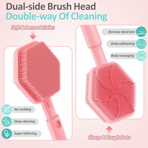Silicone Back Scrubber for Shower, 16''-21''Extendable Shower Back Scrubber with Dual-Side Large Brush Head, 3-Length Back Brush Bath Brush with Strong Handle & Rich Foaming Bristles(Pink) - color: Pink