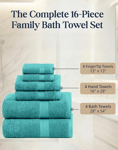 LANE LINEN 100% Cotton Bath Towel Set - 16 Pieces - Softer, Durable & Highly Absorbent - 4 Bath, 8 Wash cloths, 4 Hand Towels for Bathroom - Family Set, Premium Quality & OEKO-TEX Certified - Teal - color: 09: Teal