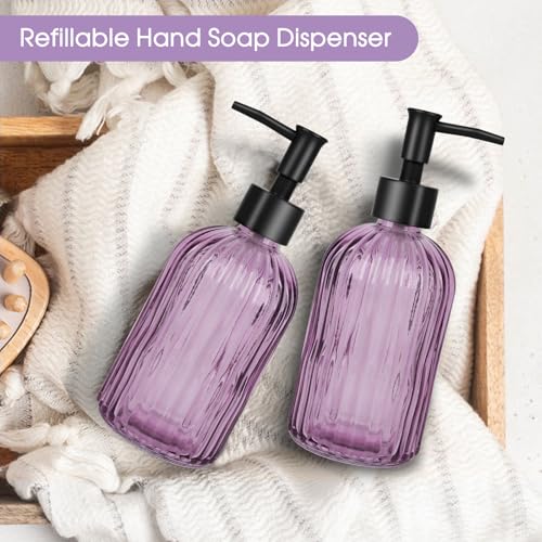 2 Pack Stripe Glass Soap Dispenser with Black Plastic Pump, 400ml Liquid Hand Soap Dispenser, Rustproof Pump for Kitchen & Bathroom, Great for Lotions, Essential Oil, Liquid Soaps- (Purple) - color: Purple, size: Plastic Pump