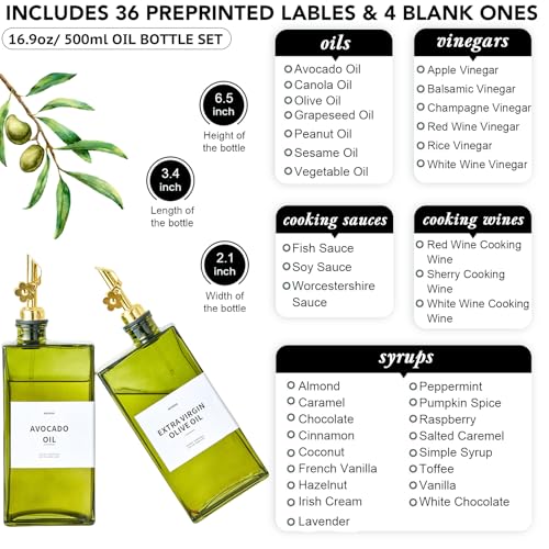 Olive Oil Dispenser Bottle for Kitchen, 16.9oz /500ml Cooking Vinegar Dispenser Bottle Set, Glass Sauce Container, Labels, Brush, Funnel, Stoppers, Green for Oil, Wine - color: Golden