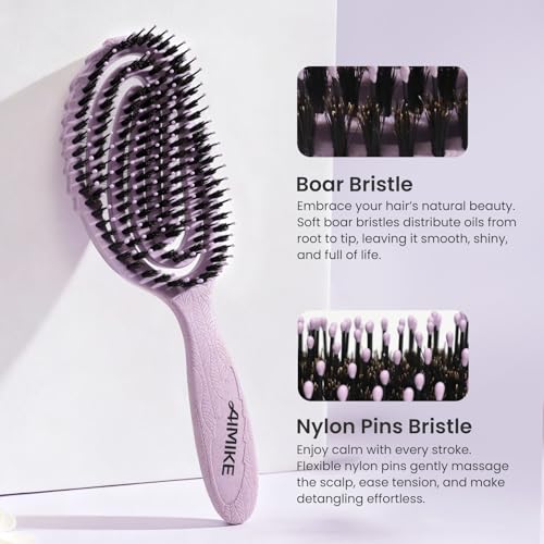 AIMIKE Hair Brush, Dual Soft Boar & Nylon Bristles HairBrush for Fine Hair, Shine Boost & Frizz Control Hair Brush for Women, Soft Bristle Brush For Slick Back, Volume and Shine, Best Gift for Women - color: Boar Bristles Purple