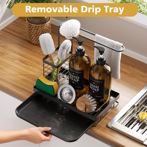 Kitchen Dish Soap Dispenser Set with 2 Pack 17oz Amber Glass Bottles - Rustproof Stainless Steel Organizer & Removable Tray - Farmhouse Soap and Sponge Caddy for Kitchen Sink Countertop Decor