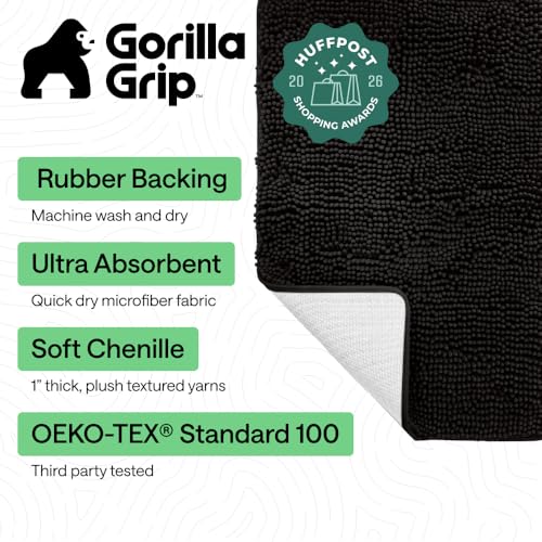 GORILLA GRIP Bath Rug Mat 42x24, Thick Soft Absorbent Chenille, Quick Dry Microfiber Mats, Rubber Backing Washable Shower Floor Rugs, Bathmat Runner, US Designed Bathroom Home Decor Accessories Black - color: Black, size: 42" X 24"