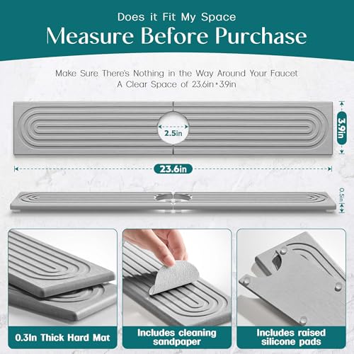 eormoe Kitchen Faucet Absorbent Mat - Diatomaceous Earth Splash Guard for Sink Faucet, Aesthetic Water Absorbing Stone Tray in The Modern Home [Grey, 23.6" x 3.9"] - color: Gray, size: 23.6" x 3.9"