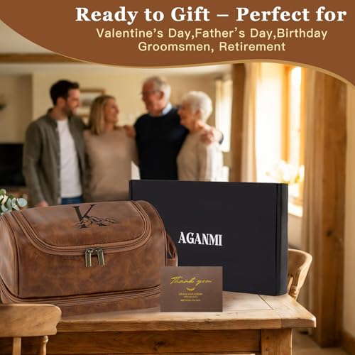 Personalized Toiletry Bag Fathers Day Birthday Gifts for Men Dad Husband, Custom Initial Waterproof PU Leather Toiletry Organizer Dopp Kit Shaving Bag Travel Essential for Him Light Brown J - color: Light Brown, style: J
