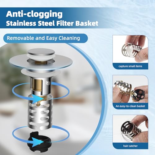 iFealClear Upgraded 4-in-1 Bathroom Sink Drain Strainer, Universal Pop Up Sink Stopper with 2-Layer Detachable Hair Catcher Filter Basket, Drain Stopper Fit 1.1"-2.3" US Basin, Brushed Nickel - color: Brushed Nickel