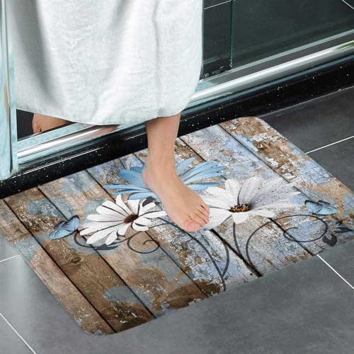 Farmhouse Floral Flower Bath Mat, Daisy Rustic Wooden Plank Country Barn Wood Blue Flower Non-Slip Flannel Soft Doormat Floor Entryways Outdoor Indoor Front Door Mat, (19X31) - color: Blue-01, size: 1'7" x 2'7" (Rectangular)