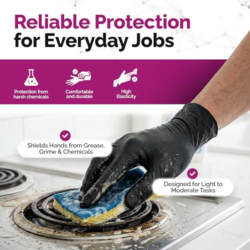 GripProtect Precise Black Nitrile Gloves 4 Mil – Chemical Resistant Nitrile Gloves with Textured Grip for Mechanics, Tattoos, Food Prep & Cleaning - Medical Grade Disposable Gloves, Large, 100 - size: Large (100 Count)